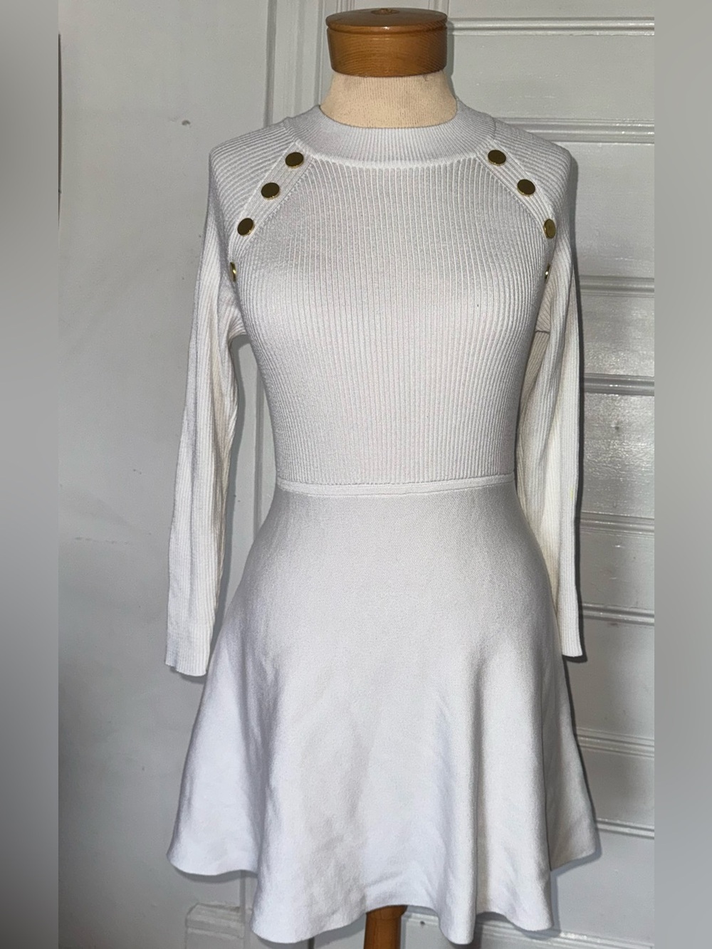 BCX White Long-Sleeve Knit Fit & Flare Dress with Gold Button Detail SIZE M